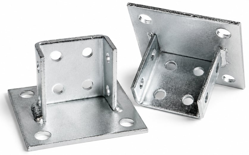 Galvanized steel 2-hole and 4-hole square post bases for structural support applications.