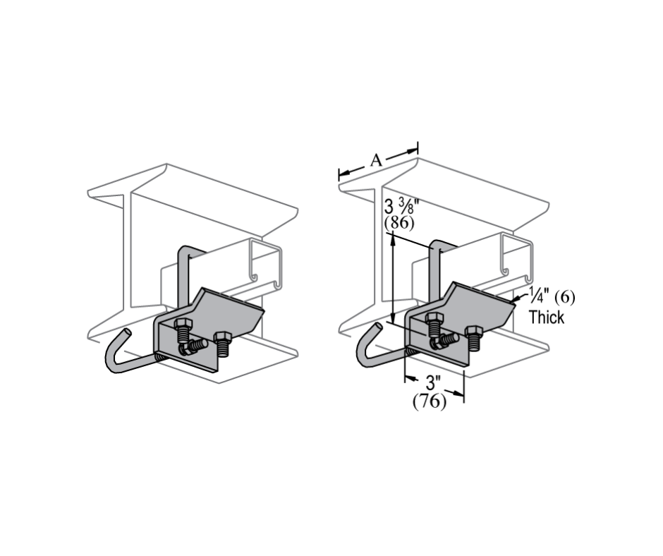 I-Beam Clamp with U Bolt schematic with measurements