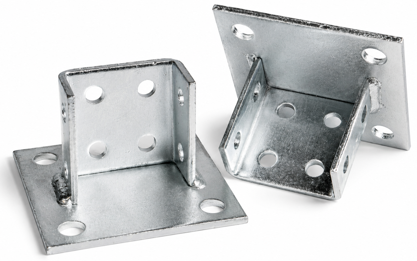 Galvanized steel 2-hole and 4-hole square post bases for structural support applications.