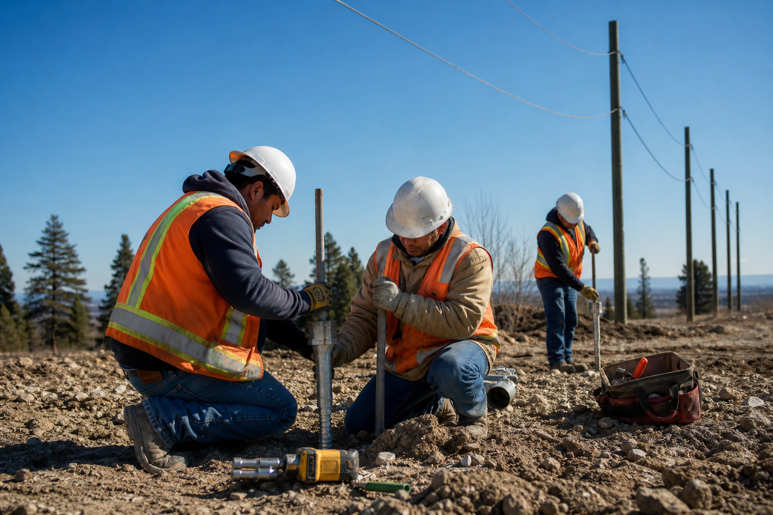 Construction workers performing an aerial fiber installation with pole line hardware all wearing hard hats and vests. 
